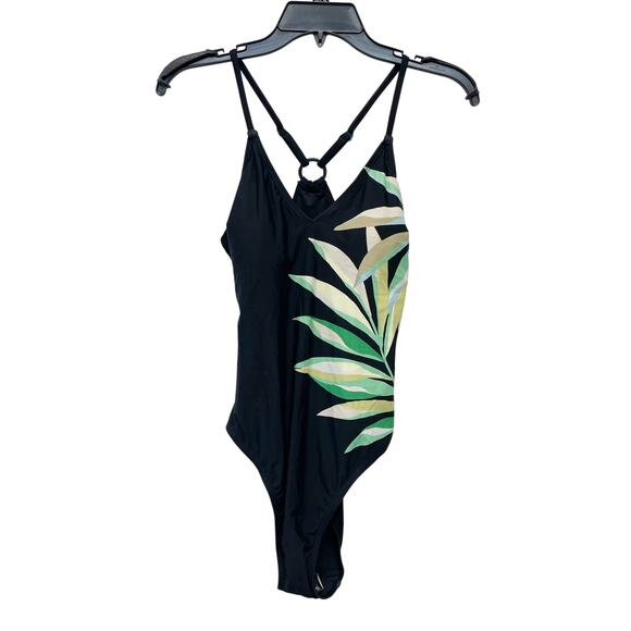 Cupshe Women's Tropical Leaf Print O Ring Back One Piece Swimsuit Black Size S - Picture 1 of 8